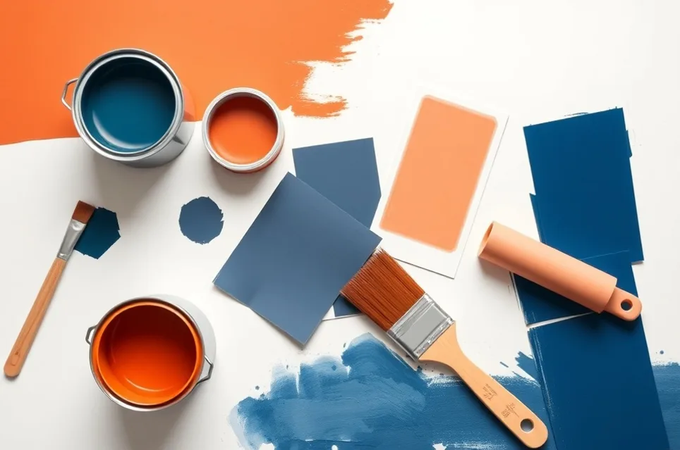 Pots de peinture, nuancier, brosses et rouleaux disposés à plat