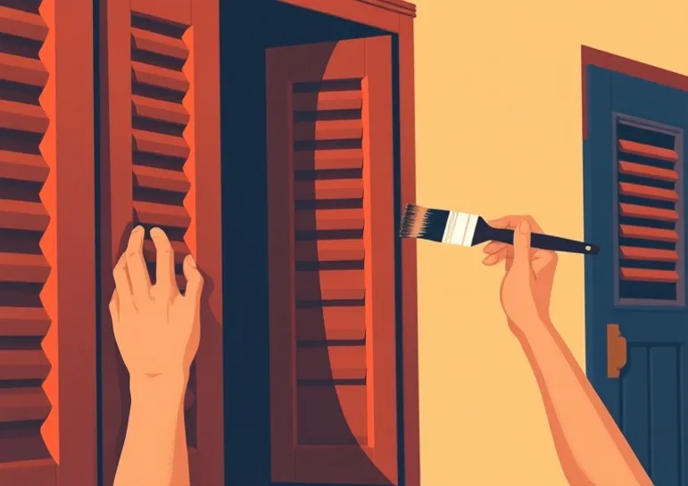 Mise en peinture au pinceau de volets et d'encadrements en bois