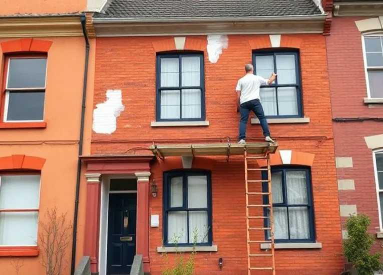 Peintre sur échafaudage traitant la façade d'une maison